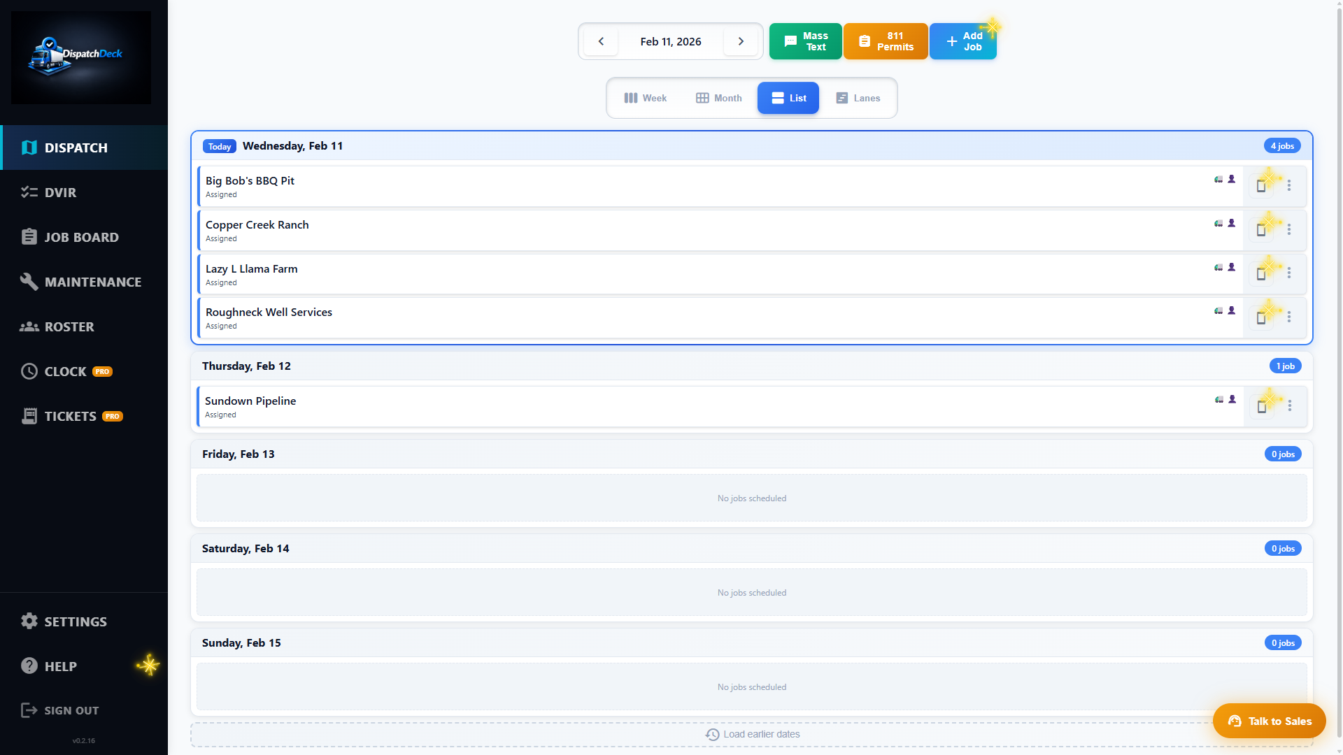 Dispatch list view showing scheduled jobs by day