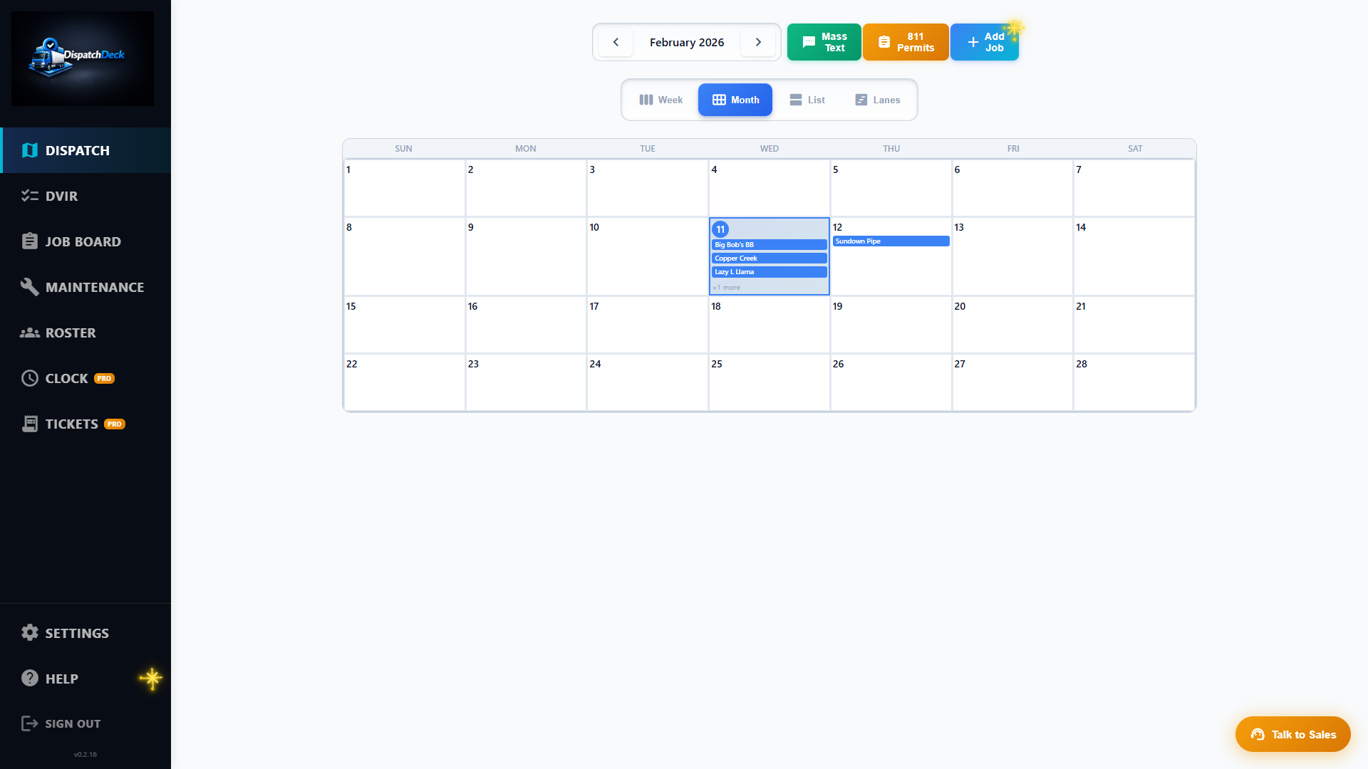 Dispatch month calendar with job pills