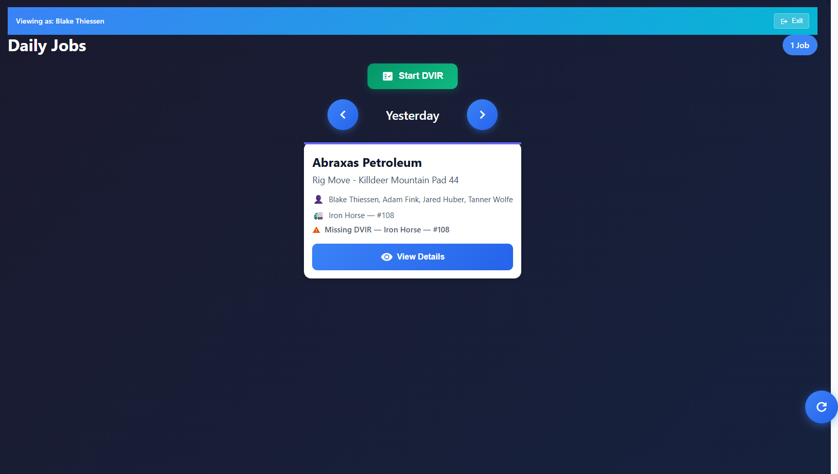 Driver job board showing daily assignment with crew and truck info