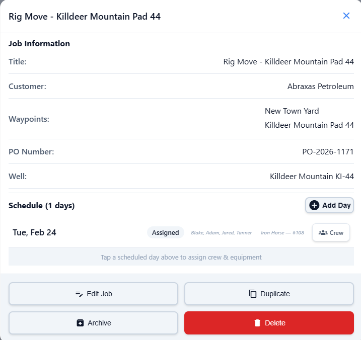 Job details modal showing customer, waypoints, PO number, and crew