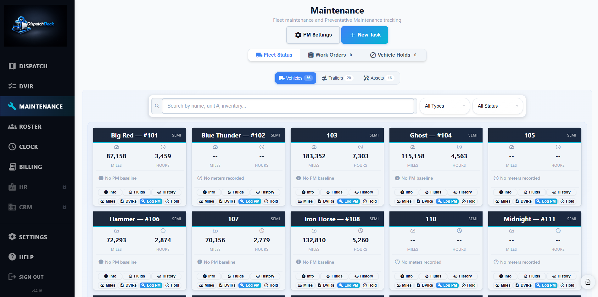 Fleet maintenance dashboard with vehicle cards showing miles and hours