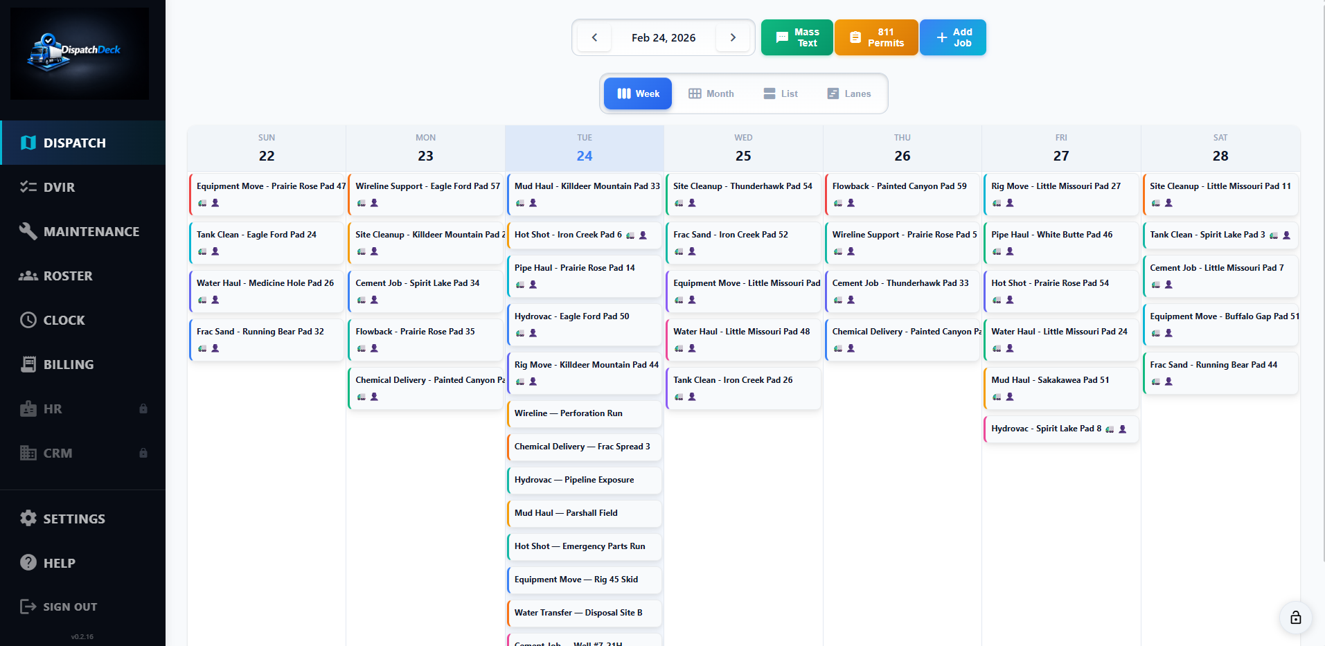 Dispatch week view packed with oilfield jobs across the week