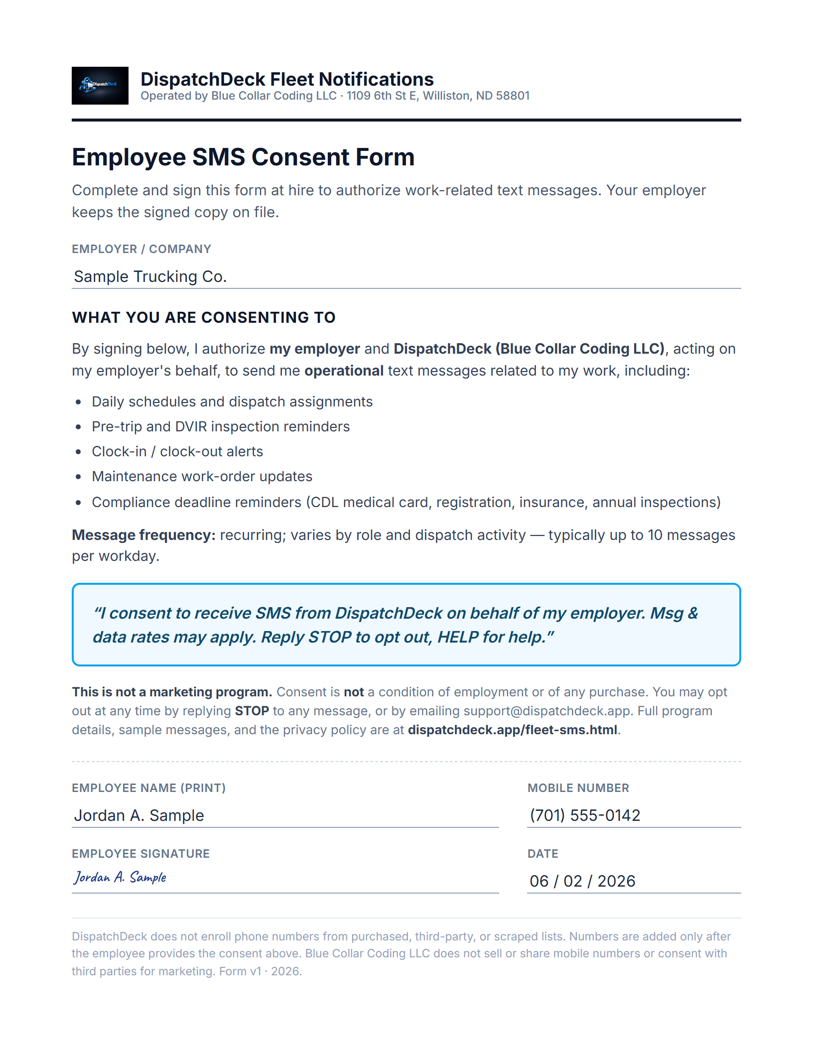 The signed Employee SMS Consent Form an employee completes at hire, authorizing operational SMS from DispatchDeck on behalf of their employer. Shows the message types, frequency, 'Msg & data rates may apply', STOP/HELP opt-out, 'not a condition of employment', and a signature, printed name, mobile number, and date.